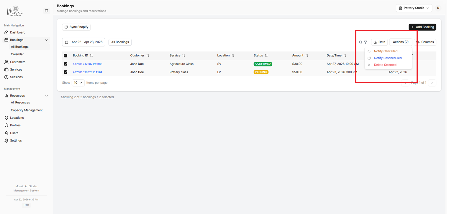 Bookings page with bulk action options highlighted